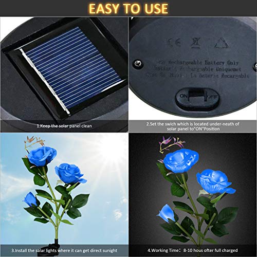 Solar Outdoor Lights, 2 Pack Garden Decor Lights Solar Powered Waterproof with 6 Roses Flowers, Garden Solar Lights Decorative Stake Lights for Garden, Courtyard, Backyard, Patio (Blue)