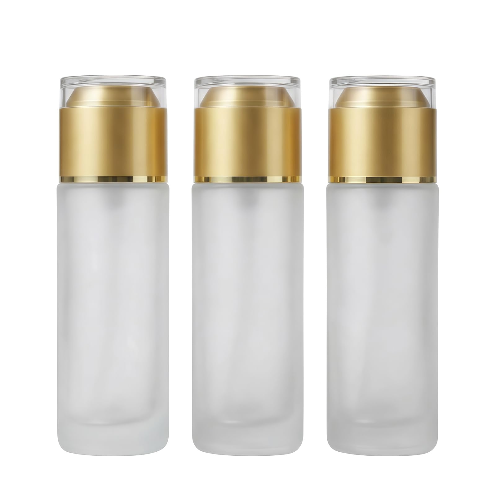 Happyupcity 3PCS 80ml/2.7oz Frosted Glass Lotion Pump Bottle Jars Dispenser With Gold Acrylic Lid Travel Cosmetics Sample Storage Containers Pot Vial For Essence Cream Serums Oil Moisturizers