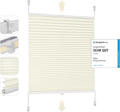 Sekey Plissee Klemmfix ohne Bohren 75x120cm Faltrollo Plisseerollo Jalousie für Tür & Fenster Blickdicht Sichtschutz Sonnenschutz Fertifplissee Rollo 75 cm breit Beige