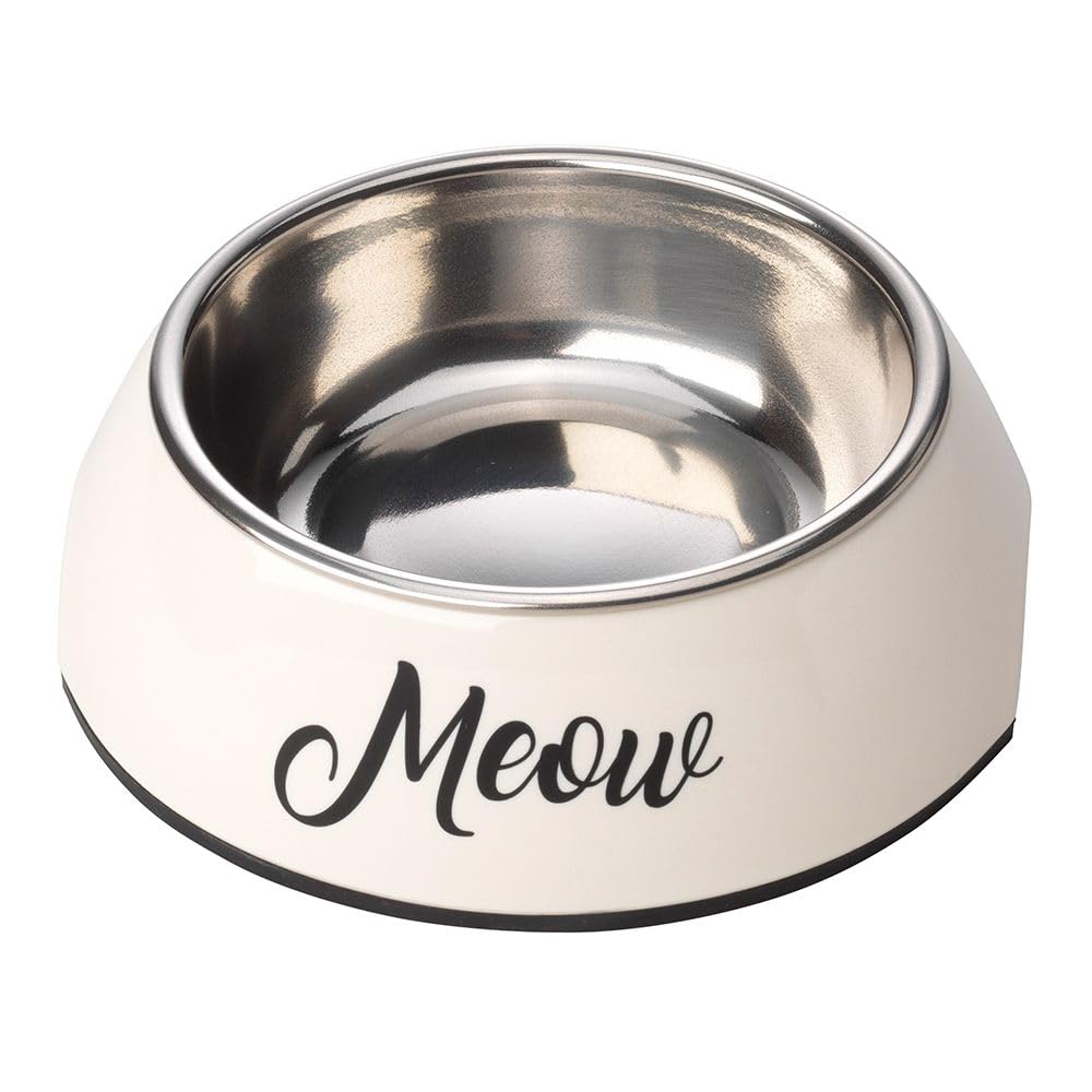 House of Paws Country Kitchen "Meow" Cat Bowl 2-in-1, Melamine and Stainless Steel with Non-Slip bottom
