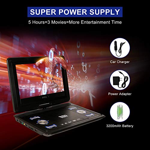 HAWKFORCE Professional Portable DVD Player, 10.1 inch Swivel-Screen DVD Player, Support CD/DVD/VCD/USB/Sync TV/Games, 5 Hours Rechargeable Battery, Portable Movie Player for Kids and Cars(Black)