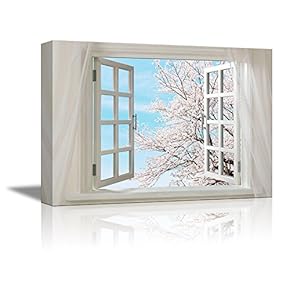 Canvas Prints Wall Art - Glimpse into Cherry Blossom in Spring Out of Open Window | Modern Wall Decor/Home Decoration Stretched Gallery Canvas Wrap Giclee Print & Ready to Hang - 24" x 36"
