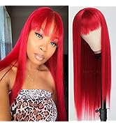 Maycaur Red Synthetic Hair Wigs with Full Bangs Red Color Long Straight Women's Wig Heat Resistan...