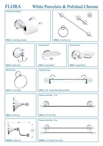 MODONA Four Piece Bathroom Accessories Set, Includes 24” Towel Bar, Robe Hook, Towel Ring, and Toilet Paper Holder – White Porcelain & Chrome - Flora Series - 5 Year Warrantee - Thumbnail 6