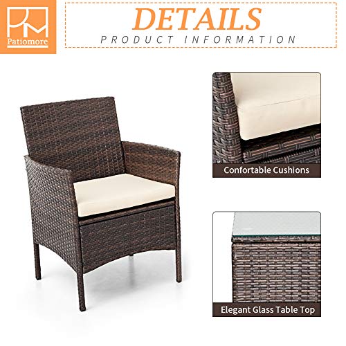 Patiomore 3 Pieces Outdoor Bistro Set Cushioned Furniture Set PE Wicker Patio Chairs with Coffee Table (Brown)