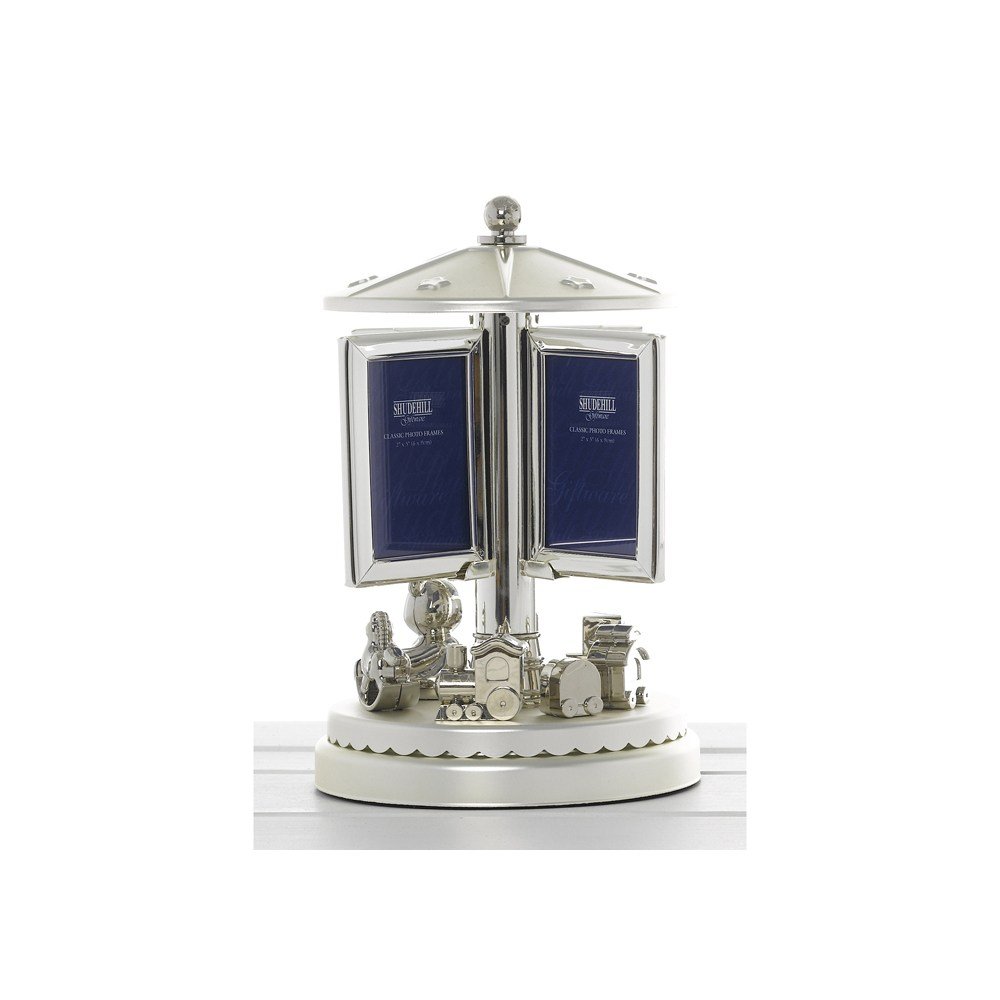Shudehill Giftware Teddy Roundabout Revolving Silver Musical Nursery Photo Frame Christening/Baby Gift - 26.8x19cm