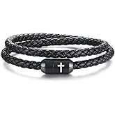 Leather Cross Bracelets for Men : Black Genuine Braided Double Wrap Jesus Cross Braided Leather Bracelets with Stainless Steel Clasp for Men Boyfriend,Christian Jewelry Gifts,8 Inches