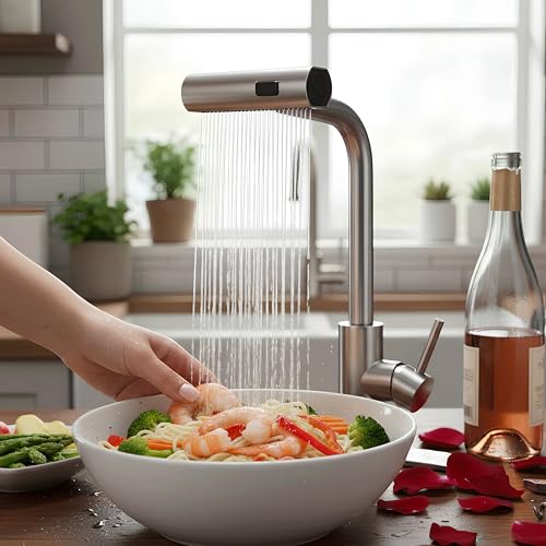 Aishini® Waterfall Kitchen Faucet, (SSV5) صنابير خلاط المطبخ with Pull Out Sprayer, 3 Spray Modes, Stainless Steel 304, High Pressure 360° Swivel Kitchen Sink Mixer, High Arc Single Hole Sink Tap