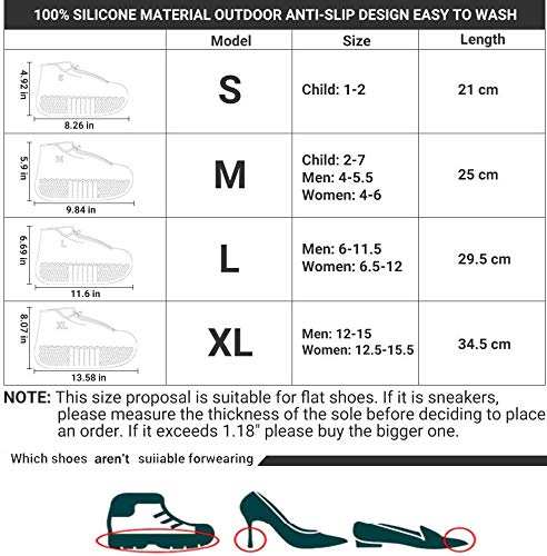 DREAMUS Reusable Silicone Waterproof Shoe Covers, Silicone Shoe Covers with Zipper No-Slip Silicone Rubber Shoe Cover for Kids,Men and Women (Black, L)