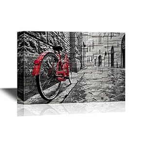 Canvas Wall Art - Retro Vintage Red Bike on Cobblestone Street in The Old Town - Gallery Wrap Modern Home Art | Ready to Hang - 12x18 inches