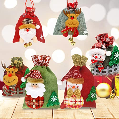 Christmas Gift Bags 6PCS 3D Design Small Medium Burlap Bag Christmas Gift Wrapping Bag Assorted Sizes Xmas Drawstring Bags Reusable Holiday New Year Party Favor Goody Bags Candy Stockings Storage Bag