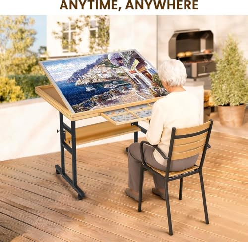 Jigsaw Puzzle Table 1500 Pieces Adjustable Height Puzzle Board, Puzzle Table Anti Slip Felt with Leg Rolling, Sorting Drawer, Cover and Storage for Adults Birthday Gift