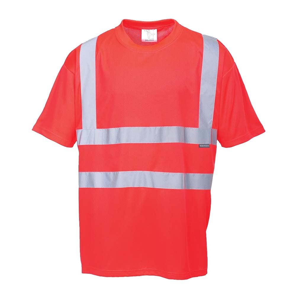 Portwest S478 Hi Vis Short Sleeve T-Shirt Lightweight Breathable Safety Workwear Shirt Moisture Wicking Reflective Tape UPF 40+ Protection Warm Weather Work Top, Red, XL