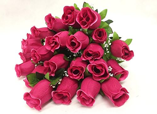 Silk Flower Garden 24 Heads Large Rose Bud Bouquet 24", Fuchsia
