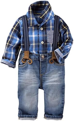 DAIMIDY Toddler Little Boys Long Sleeve Plaid Shirt Tops and Suspender Jeans Clothing Set, 1 Years - 7 Years
