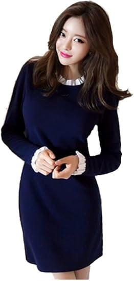 Amazon レディース 冬から春 秋のスリムワンピースです 暖か素材だから1枚でもok 上着を羽織れば簡単ファッションです 大きいサイズ どんな靴 服にも合わせやすいネイビー限定です 選べる4サイズ M L Xl Xxl 限定 巾着袋付き L ネイビー ワンピース