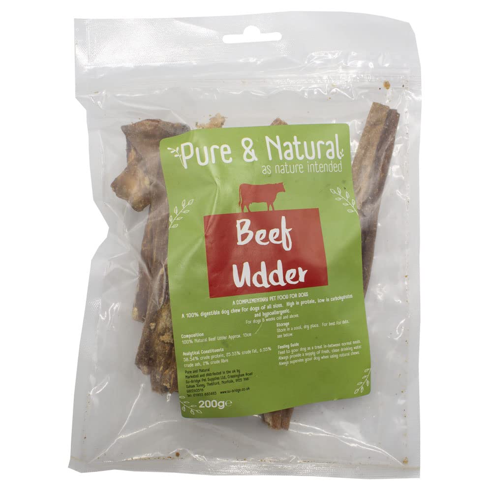 Pure & Natural Beef Udder 15cm - Cow Udder 100% Natural Dog Treats, Hypoallergenic, Long Lasting Beef Dog Chews - 200g Bag