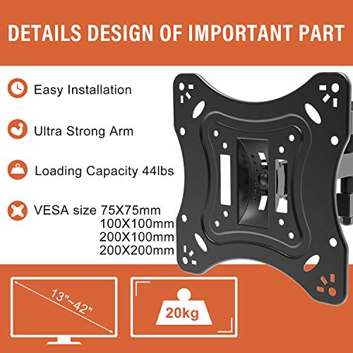 PUTORSEN® TV/Monitor Wall Bracket Mount Swivel and Tilt for Most 13’’-42’’ LED, LCD, OLED Flat Screen TVs and Monitors with VESA 75x75-200x200mm up to 20 KG, Full Motion Monitor Wall Bracket