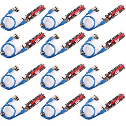 Ubit 12 Pack Latest PCI-E Riser Express Cable 16X to 1X (6pin / MOLEX/SATA) with Led Graphics Extension Ethereum ETH Mining Powered Riser Adapter Card+60cm USB 3.0 Cable