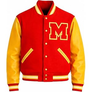 Men's Red Wool Bomber Jacket with Yellow Faux Leather Sleeves, Letterman Jacket, MJ Thriller Jacket, and stylish outerwear