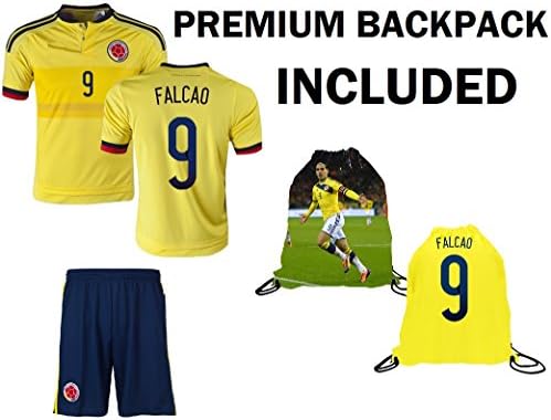 JerzeHero Columbia kids jersey James #10 ✓ Falcao #9 Youth 3 in 1 Soccer Gift Set ✓ Soccer Jersey ✓ Shorts ✓ Drawstring Bag (YS 6-8 years, FALCAO #9)