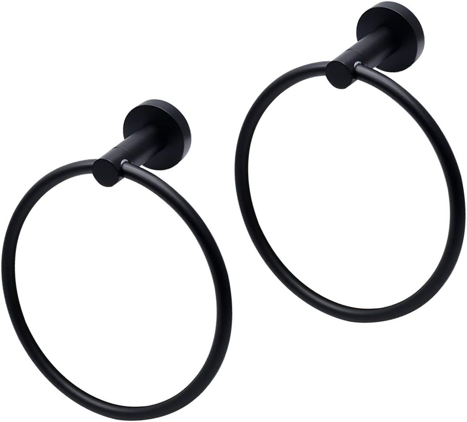 Jiozermi 2pcs Matte Black Towel Ring, Stainless Steel Swivel Hand Towel Holder Modern Round Door Hanger for Bathroom Hanger Kitchen Dishcloth Drying - - 