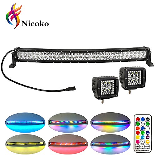 Led Light bar,Nicoko Curved 32Inch 180w led offroad lights with Chasing RGB halo+2 pcs Chaser RGB Led work light for Truck JEEP Off Road Truck Car Vehicle Boat IP 68 waterproof
