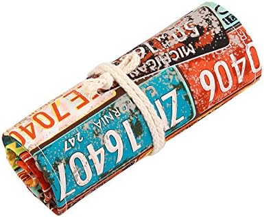Hflove Unisex Pencil Bag Canvas 48 Hole Canvas Roll Pen Bag License Plate Number Drawing Pencils Case