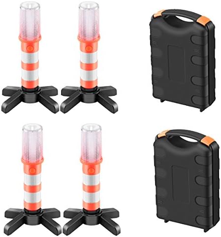 4 Pcs Led Emergency Roadside Flare Strobe Light，3 in 1 Road Warning Beacon Flare with Detachable Magnetic Base and Storage Case, for Traffic Roadblocks Camping Hiking Fishing Field Rescue