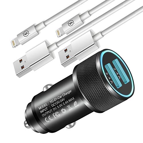 LOOGGO Car Charger for iPhone, 2.4A Dual USB Car Charger Adapter AL-Alloy with (3FT+6FT) Charging Cable Compatible with iPhone Xs/Xs Max/XR/X/ 8/7/ 6 Plus/ 5S/SE, iPad Pro Air Mini (Pack-3)