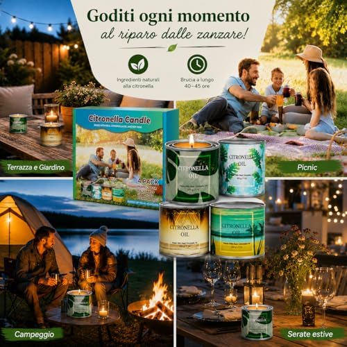 Candele Alla Citronella in Barattoli Set di Candele di Cera per Barbecue all'aperto Viaggi in Campeggio Viaggi Vacanze Patio Interno Giardino Cucina,4 Pezzi