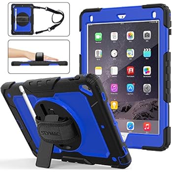 SEYMAC Stock iPad 6th/5th Generation Case, Shockproof [Full-Body] Rugged Armor Case with 360 Rotating Stand [Pencil Holder] [Screen Protector] Hand Strap for iPad 6th/5th/ Air 2/ Pro 9.7 (Blue+Black)