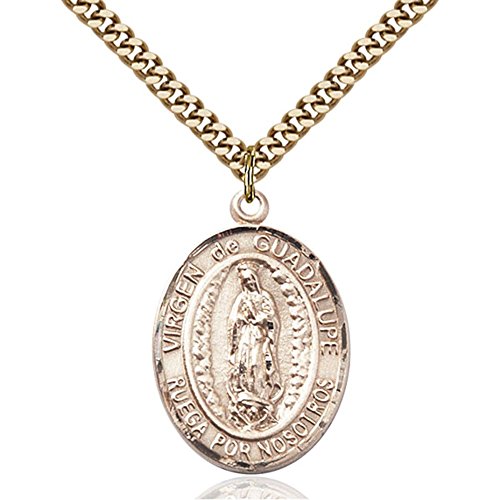 Gold Filled Virgen de Guadalupe Pendant 1 x 3/4 inches with Heavy Curb Chain
