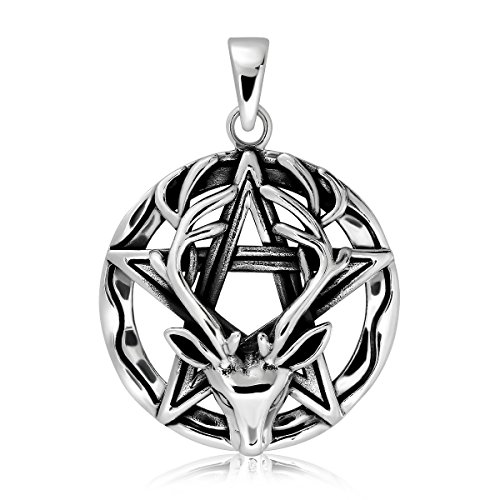 WithLoveSilver Sterling Silver 925 Wiccan Pentagram Pentacle Reindeer Horned God Cernunnos Pendant