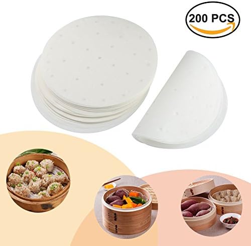 200 pcs Perforated Parchment Round Bamboo Steamer Paper Liners ,9 inch Non-stick Steamer Mat Suitable for Air Fryers/Baking/Cooking/Toast