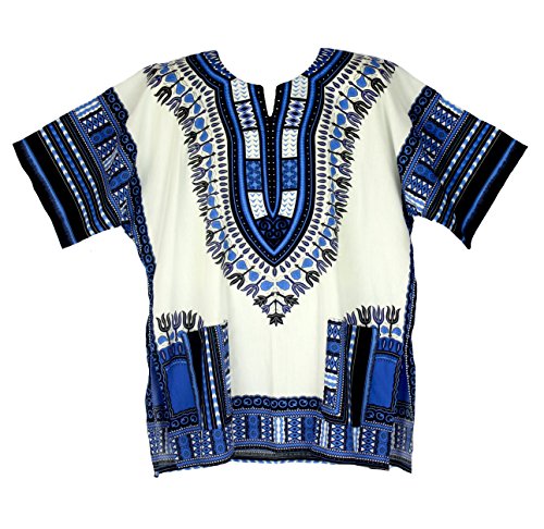 Vipada Handmade's Traditional Dashiki Shirt for men and women White and Blue L