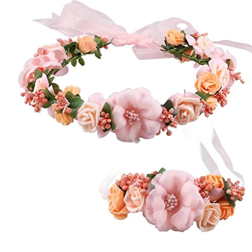 Ocharzy Adjustable Wedding Flower Headband Garland with Floral Wrist Band Hair Wreath Crown Decoration (Tweed pink)