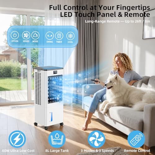 Portable Air Conditioners, 8L Evaporative Air Cooler with Remote and LED Display, 60W Energy-Efficient, 3 Speeds & 4 Modes, 12H Timer, 120°Oscillation, Portable AC Units for Rooms Bedroom Home Office