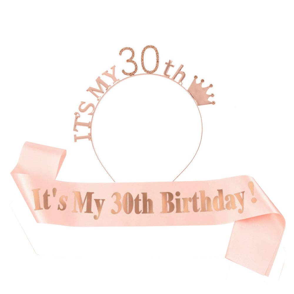 Camelliass 30th Birthday Tiara and Sash, Rhinestone Birthday Crown Headband Satin Sash for 30th Happy Birthday Party Decorations Supplies