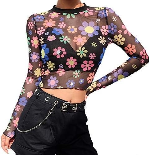 Women's Sheer See Through Crop Top Long Sleeve Angel Print High Neck Sexy Mesh Shirt Blouse