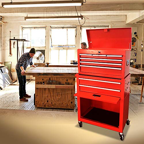 Big Removable Tool Chest, Rolling Tool Chests with Wheels (2PCS Lockable) and Drawers, Top Tray and Bottom Cabinet Door with Keyed Locking System, for Garage, Warehouse, and Workshop, etc(Red) - Thumbnail 6