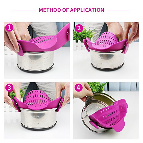 Hoofun Clip-on Silicone Colander, Snap Strainer Colander BPA Free for Spaghetti, Noodles, Pasta, Fruit, Ground Beef- Adjustable Food Grade Filter and Sieve Snaps on Bowls, Pots and Pans (Purple)