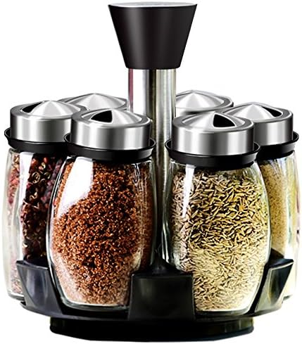 Babypros Revolving Countertop Herb and Spice Rack with 6 Glass Seasoning Airtight Jar Container Bottles with Stainless Steel Lids with Rotating Base