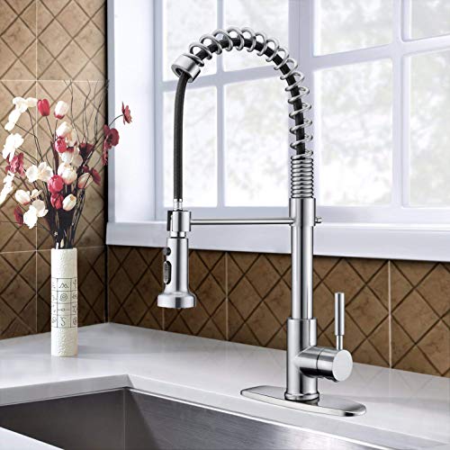 Bokaiya Heavy Duty Brass One-Handle Pre-Rinse Spring Pulldown Kitchen Faucet, Brushed Nickel Kitchen Sink Faucet