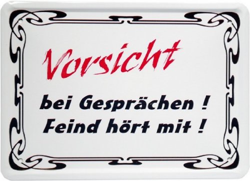Metal Sign 15 x 21 CM with German Text "Vorsicht Gesprächen... with Retro MJ 111