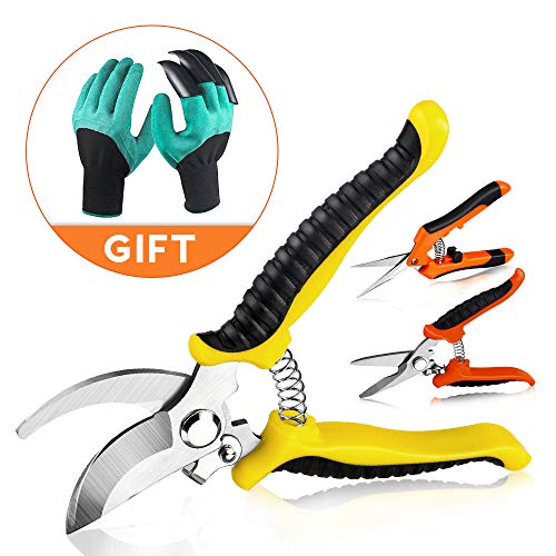 OneBom Pruning Shears 3PCS,Professional Sharp Bypass Garden Shears,Garden Clippers Scissors with Extra Glove