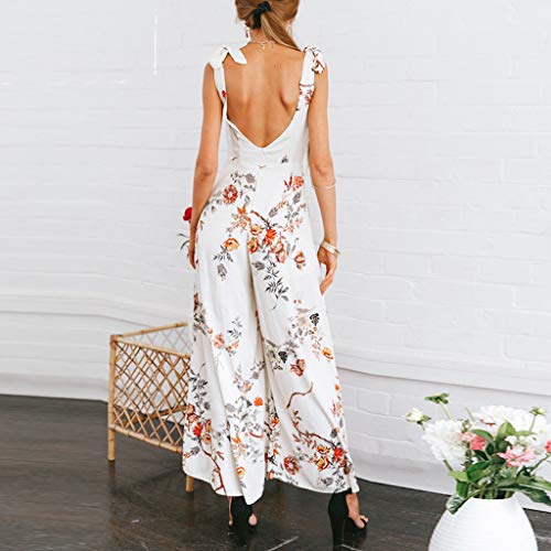 Mysky Fashion Women Popular Sexy Backless Sweet Floral Print Sling Long Jumpsuit White