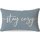 PANDICORN Dusty Blue Throw Pillow Cover 12x20 Inch, Stay Cozy Decorative Lumbar Cushion Case for Couch Sofa Bed, Neutral Farmhouse Living Room or Bedroom Home Decor