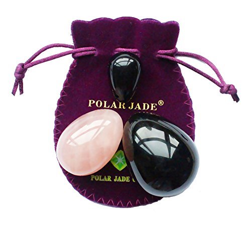 Yoni Eggs 3-pcs Set with 3 Sizes, 2 Gemstones, to Train Pelvic Floor Muscles to Gain Bladder Control, Made of Obsidian & Rose Quartz, Drilled, with Unwaxed String and Instructions
