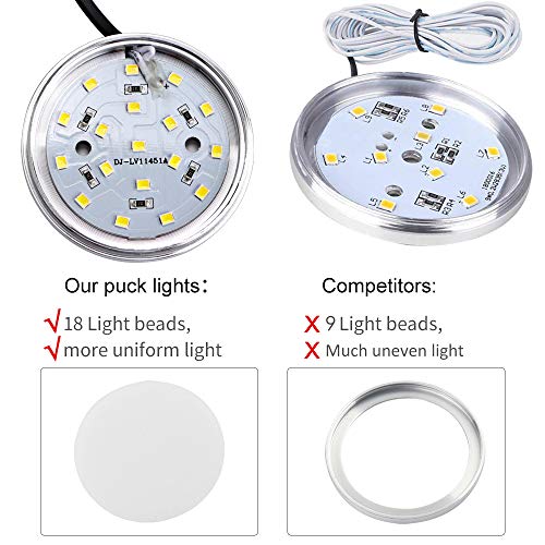 LED Cabinet Puck Lights Dimmable - Moobibear 2W 600lm Under Cabinet Lighting Kit with 10 Levels Brightness Switch, 3000K Warm White Under Counter Lighting for Kitchen Closet, All Accessories Included